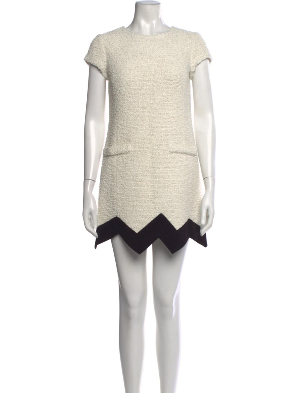 Vintage Moschino Cheap & Chic Bouclé Mini Dress Ivory Black Chevron Trim Size 8